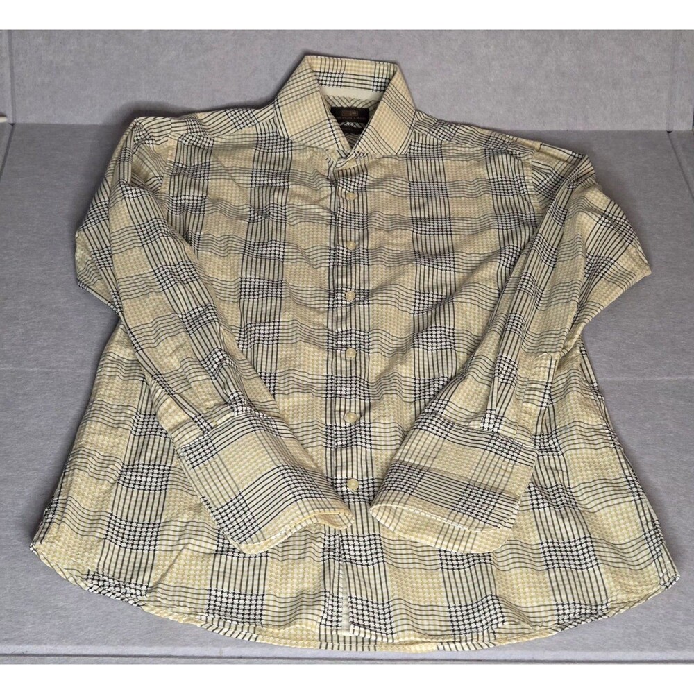 Steven Land Modern Fit Mens Dress Shirt VTG 16½ 34/35 Ylw/ Blk Plaid French Cuff